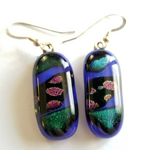 Jewelry - Blue Dichroic Glass earrings silver tone